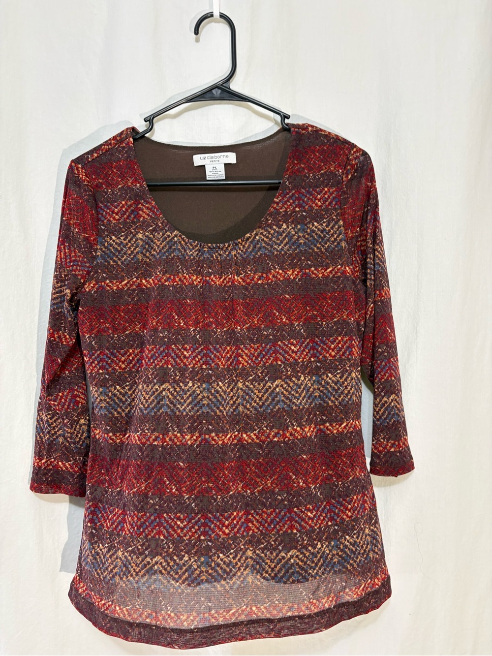 Liz Claiborne Petite PL Lined Blouse 3/4 Sleeve Geometric Burgundy blue Brown